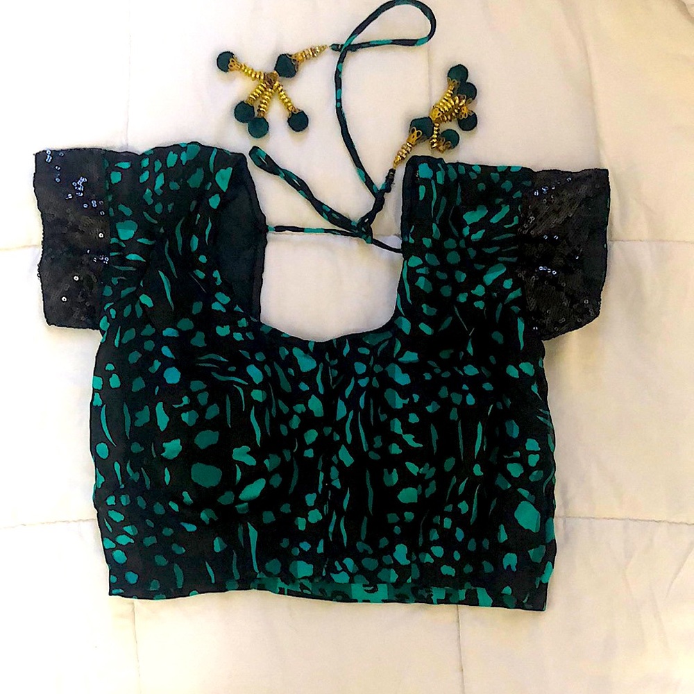 Women’s Green & Black Cropped Blouse - Embellished Sleeve Tie-Back